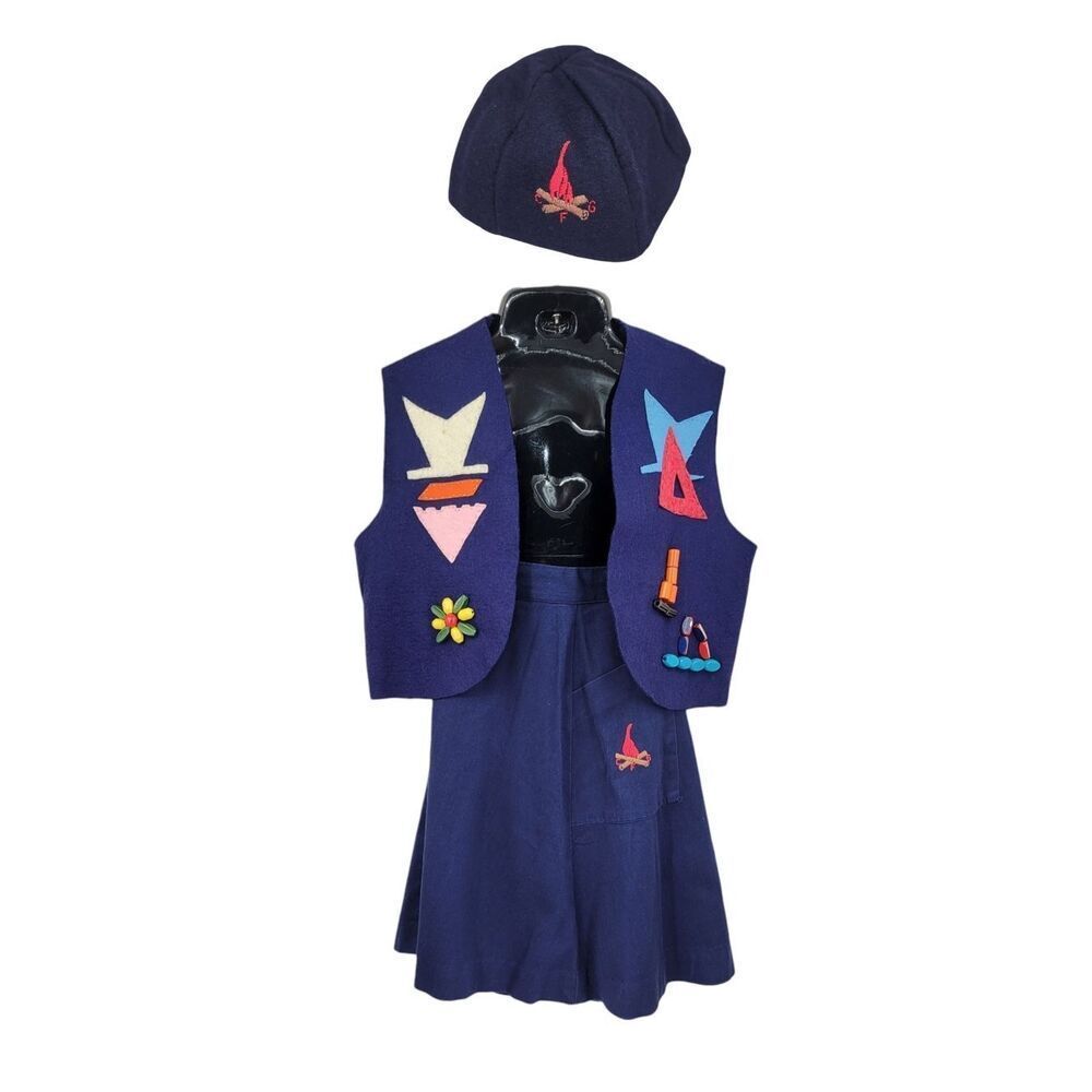 Vintage 60s Campfire Girls Scouts Navy Blue Hat Vest & Skirt Set